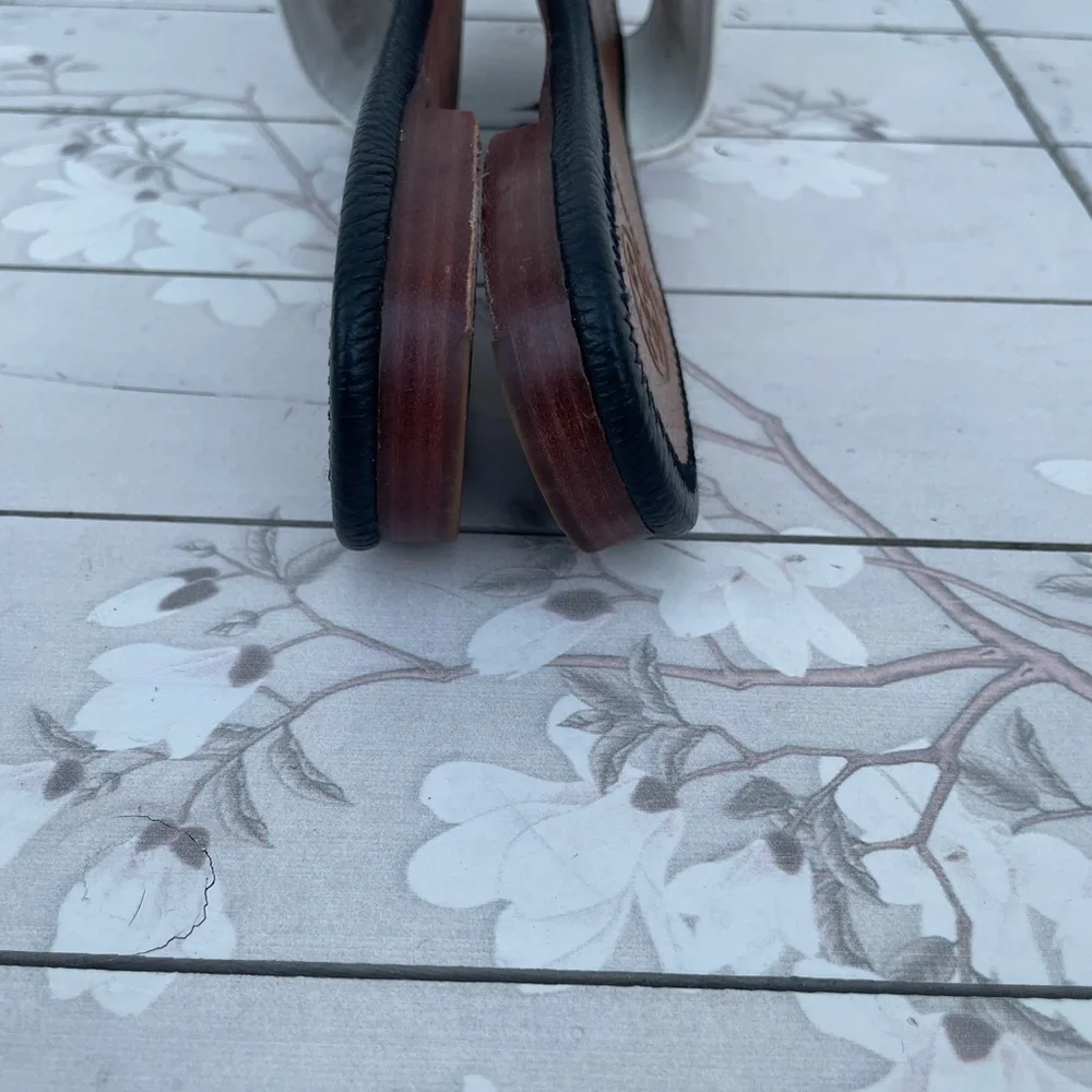Tory Burch Black and White Leather Slide Mules